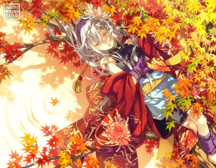 Anime-style original artwork of a girl sleeping peacefully on vibrant autumn leaves with water ripples nearby, designed as an HD PC desktop wallpaper.