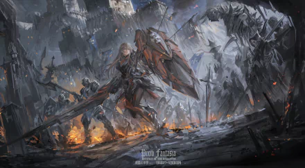 Anime-style artwork featuring a brown-haired woman warrior in armor wielding a sword and shield, standing amidst a fiery battle at a castle with skeleton knights. Tagged as Pixiv Fantasia RD. HD desktop wallpaper.