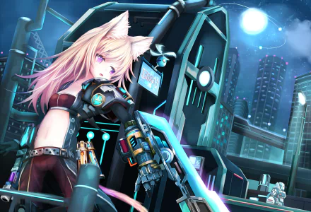 Anime original HD PC desktop wallpaper: fox-eared cyberpunk girl with a mechanical arm and glowing blade, neon city skyline under a full moon.
