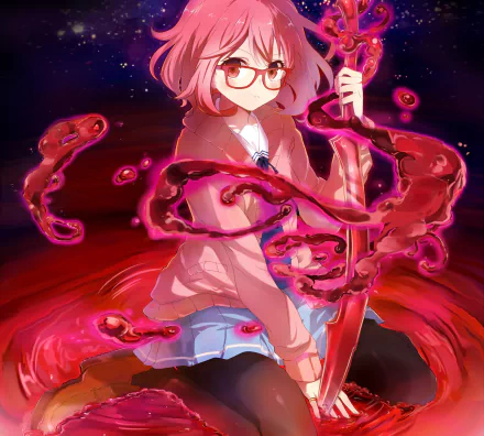 Anime HD wallpaper featuring Mirai Kuriyama from Kyoukai no Kanata (Beyond the Boundary), holding a red sword with swirling energy.