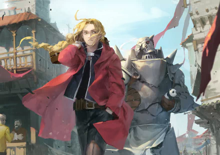 HD PC desktop wallpaper featuring Alphonse and Edward Elric from the anime Fullmetal Alchemist in a dynamic, detailed background setting.