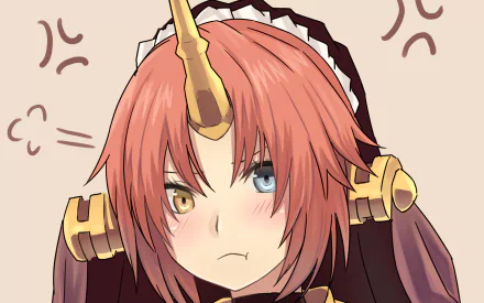 HD PC desktop wallpaper featuring Berserker of Black from Fate/Apocrypha anime with red hair, one blue eye, one golden eye, and a small horn on her forehead.