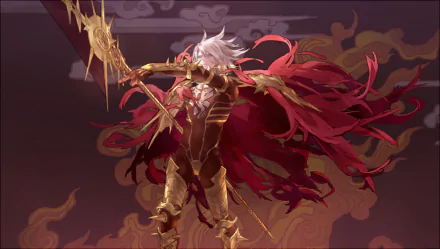 Lancer of Red from Fate/Apocrypha is depicted in dynamic anime style with flowing red cape and golden armor, set against a dark, intricate background in this HD PC wallpaper.