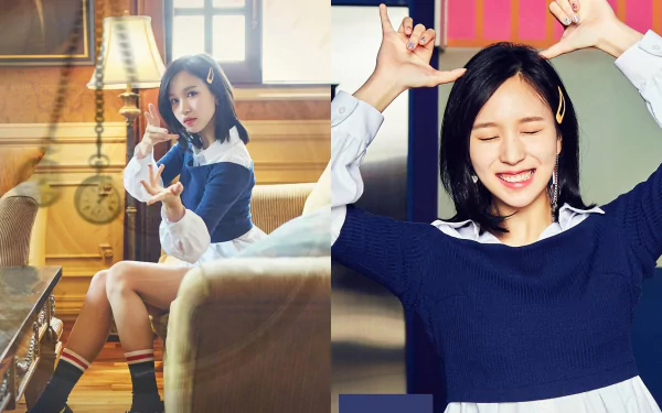 HD PC desktop wallpaper featuring TWICE member in casual navy and white outfit, blending cozy indoor and bright settings with cheerful expressions.
