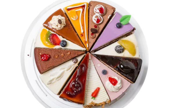 A vibrant 4K Ultra HD wallpaper featuring an assortment of colorful cake slices arranged in a circle on a white plate, showcasing various pastries and dessert toppings.