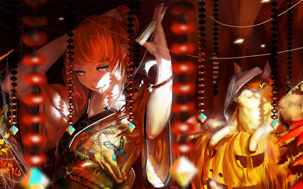 Anime-style HD wallpaper featuring a character in Japanese clothes with aqua eyes and blush, holding a pumpkin. A cat in a Halloween costume and flowers adorn the background.