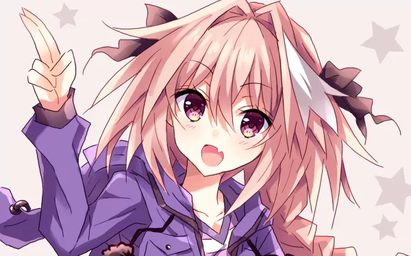 Astolfo from Fate/Apocrypha is depicted with playful expression and stylish attire, making this HD wallpaper an attractive addition for anime fans.