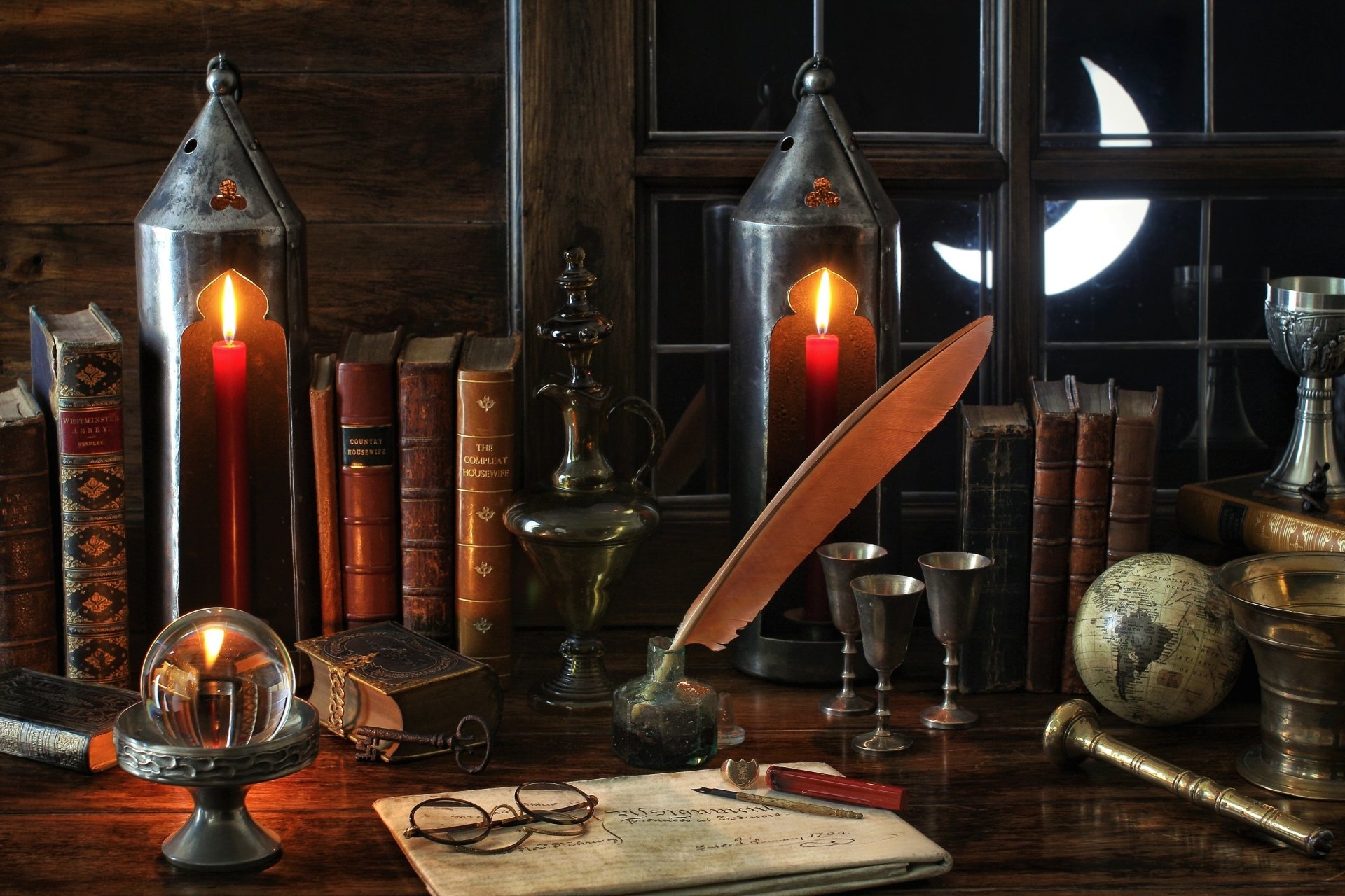 Download Book Glasses Candle Globe Night Crescent Window Photography Still Life HD Wallpaper