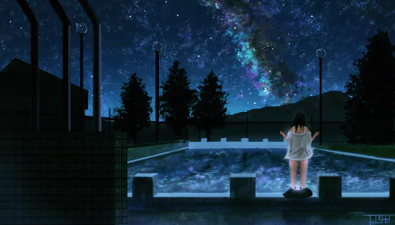 pool tree star aurora australis night Anime Original anime night HD Desktop Wallpaper | Background Image