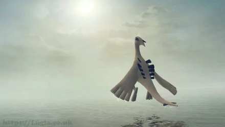 HD PC desktop wallpaper featuring Lugia, a legendary Pokémon, soaring above a misty, calm sea with a cloudy sky in the background.