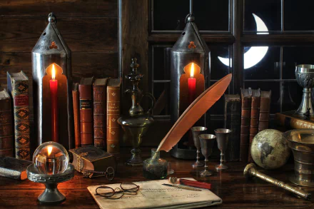 book glasses candle globe night crescent window photography still life HD Desktop Wallpaper | Background Image