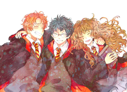 An HD desktop wallpaper featuring Ron Weasley, Harry Potter, and Hermione Granger smiling and dressed in their Hogwarts robes.