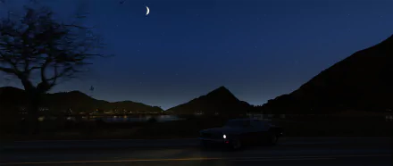 HD PC desktop wallpaper featuring a nighttime scene from the video game Grand Theft Auto V, showcasing a car driving along a road beneath a crescent moon and starry sky.