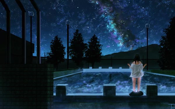 pool tree star aurora australis night Anime Original anime night HD Desktop Wallpaper | Background Image