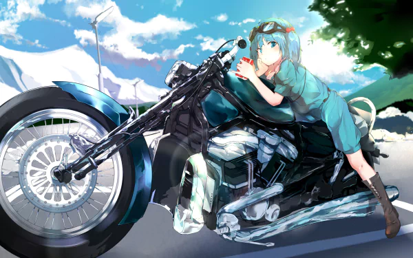 HD PC desktop wallpaper/background of Nitori Kawashiro (Touhou) — anime-style, wearing teal, leaning on a black cruiser motorcycle beneath a bright blue sky.