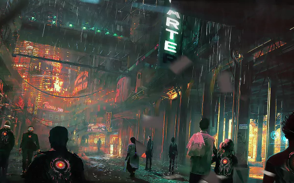 HD PC desktop wallpaper depicting a dark cyberpunk cityscape with neon lights, futuristic buildings, and silhouettes of people in a sci-fi urban environment.