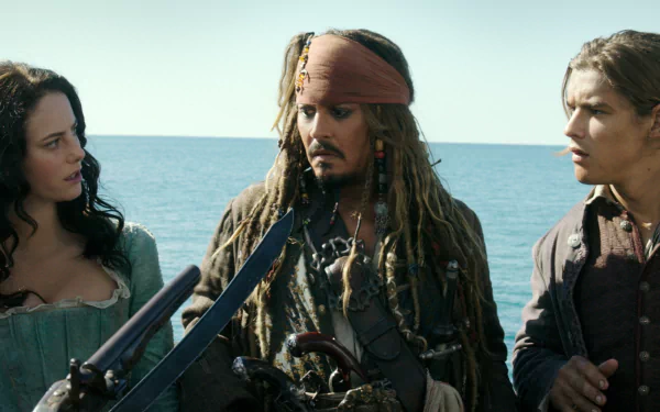 Carina Smyth Kaya Scodelario Henry Turner Brenton Thwaites Jack Sparrow Johnny Depp movie Pirates Of The Caribbean: Dead Men Tell No Tales HD Desktop Wallpaper | Background Image