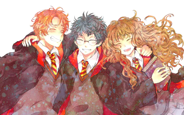 An HD desktop wallpaper featuring Ron Weasley, Harry Potter, and Hermione Granger smiling and dressed in their Hogwarts robes.