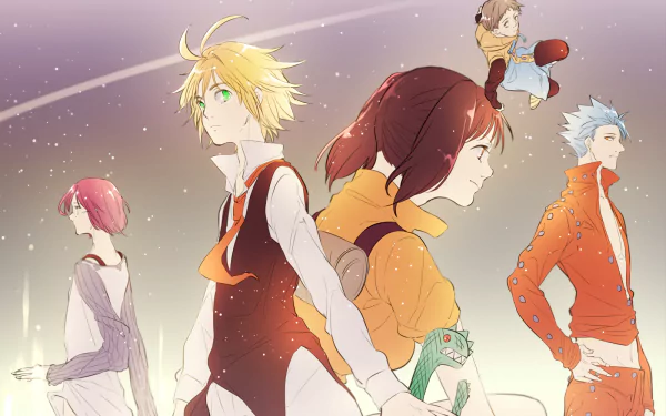 HD wallpaper featuring Gowther, King, Diane, Ban, and Meliodas from The Seven Deadly Sins anime, with a serene, starry background. Characters are seen posing and gazing into the distance.
