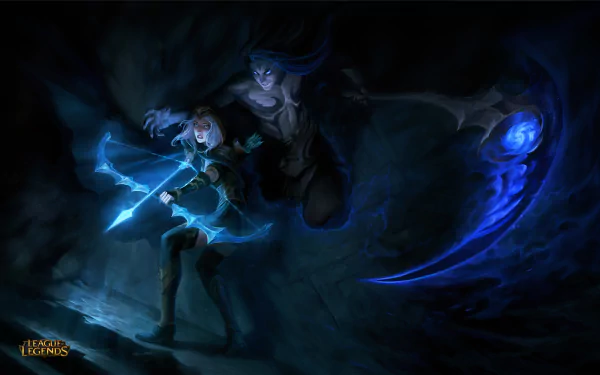 HD desktop wallpaper featuring Ashe and Kayn from the video game League of Legends, in a dark, atmospheric setting with Ashe readying her bow and Kayn wielding his scythe.