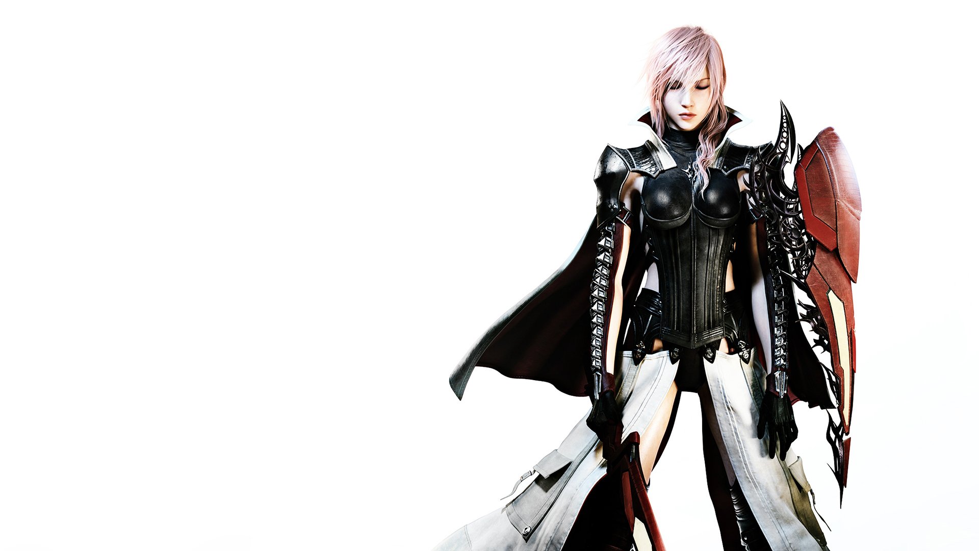 HD PC desktop wallpaper featuring Lightning from the video game Final Fantasy XIII, showcasing her in detailed armor with a striking white background.