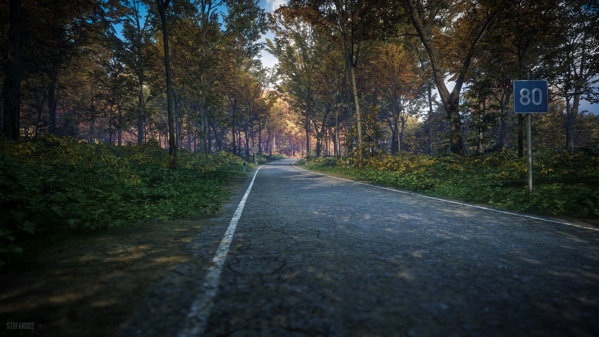 4K Ultra HD PC desktop wallpaper from theHunter: Call of The Wild video game featuring a forest road bathed in soft sunlight, showcasing detailed natural scenery.