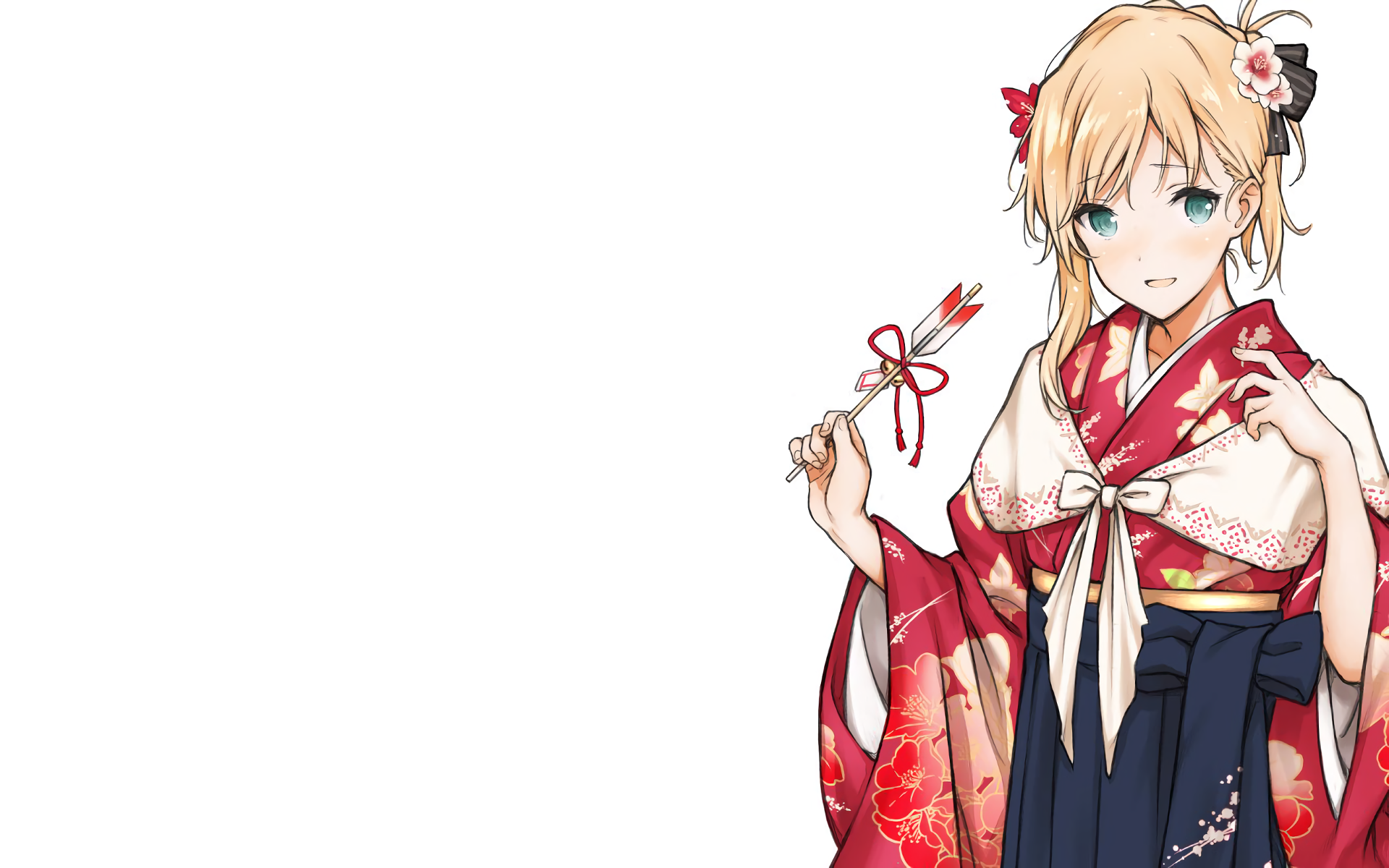 HD desktop wallpaper featuring Karen Tendou from the anime Gamers!, dressed in a traditional kimono and holding a small decorated item against a white background.