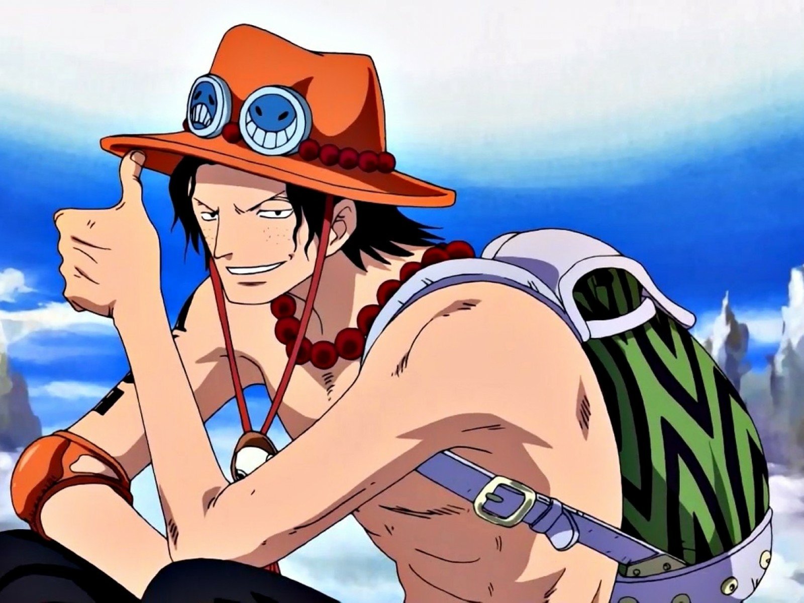 HD anime desktop wallpaper featuring Portgas D. Ace from One Piece, showcasing his signature hat, beads, and confident expression against a bright sky background.