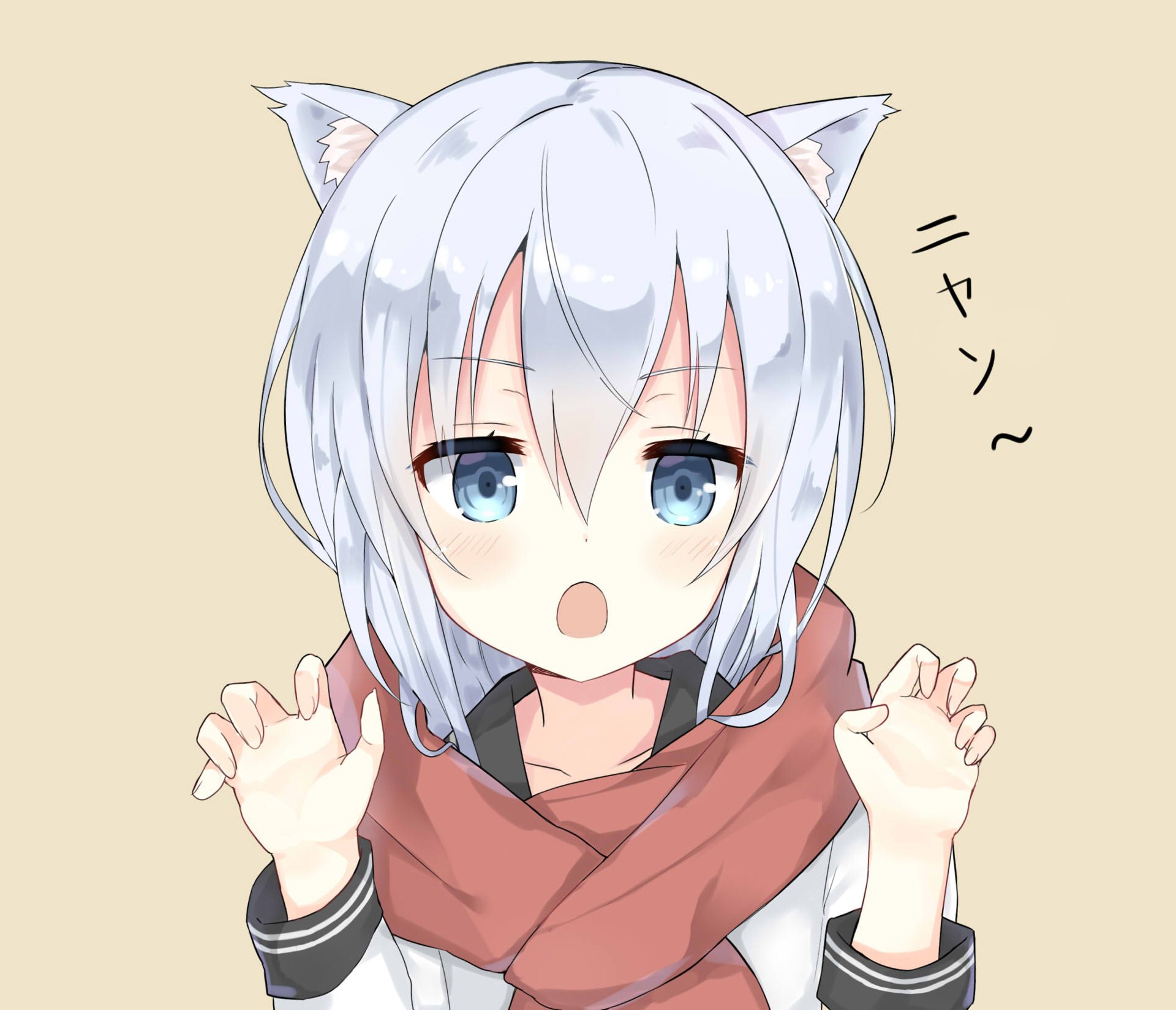 Anime-style HD desktop wallpaper featuring Hibiki from Kantai Collection with light blue hair, blue eyes, cat ears, and a red scarf against a beige background.