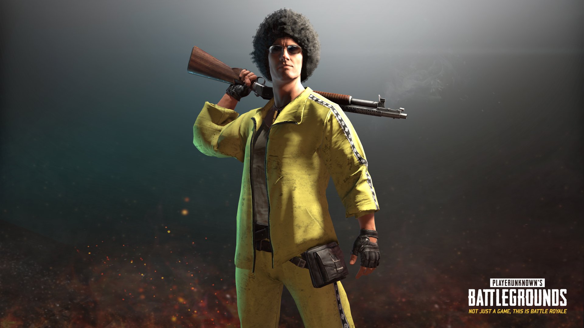 HD wallpaper of a Playerunknown's Battlegrounds character dressed in a yellow outfit, holding a rifle over their shoulder, standing confidently against a dark background with the game's logo in the corner.
