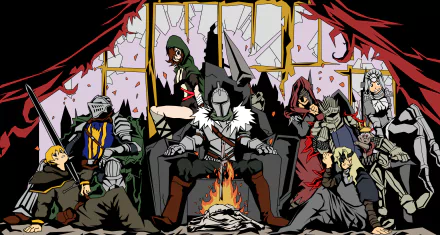 HD desktop wallpaper featuring characters from Dark Souls III and Dark Souls II gathered around a throne, with a broken window in the background.