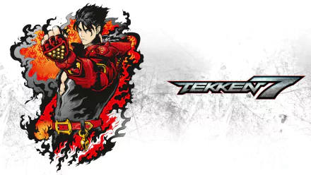 HD desktop wallpaper featuring Jin Kazama from the video game Tekken 7, with Jin in an action pose enveloped in flames and the Tekken 7 logo on a white background.