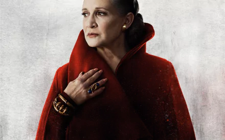 4K Ultra HD wallpaper featuring Carrie Fisher as Princess Leia Organa from Star Wars: The Last Jedi, wearing a red cloak against a textured background.