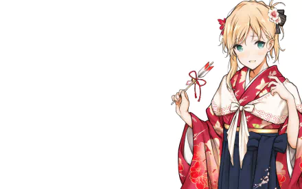 HD desktop wallpaper featuring Karen Tendou from the anime Gamers!, dressed in a traditional kimono and holding a small decorated item against a white background.