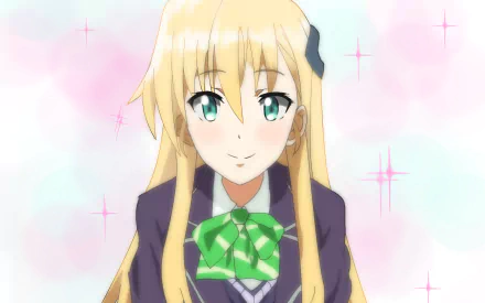 HD anime desktop wallpaper featuring Karen Tendou, a blonde-haired gamer character, smiling softly against a pastel background with sparkles.