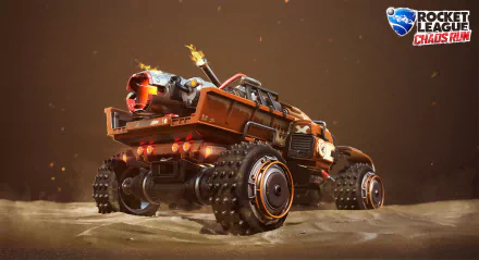 Rocket League video game HD PC desktop wallpaper and background: rugged orange rocket-powered off-road car kicking up sand, sparks flying, Rocket League logo visible top-right.