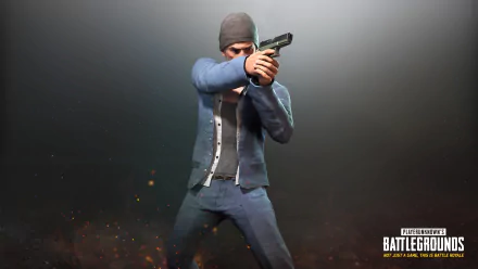 4K Ultra HD wallpaper of a Playerunknown's Battlegrounds character aiming a handgun, set against a dark, smoky background with subtle fiery embers.