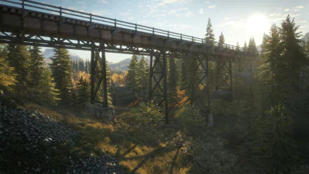 HD PC desktop wallpaper from the video game theHunter: Call of The Wild — sunlit forest valley with a wooden trestle bridge and tall pines.