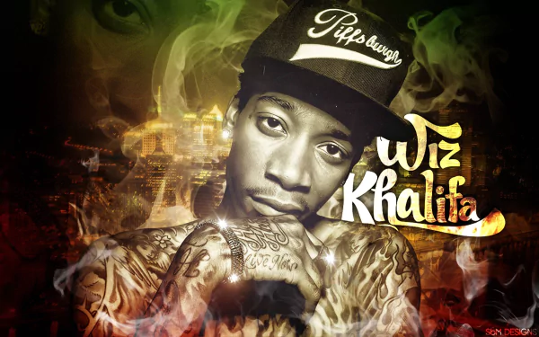 HD desktop wallpaper featuring a stylized portrait of a person with the name Wiz Khalifa prominently displayed.