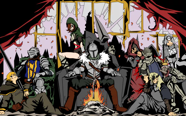 HD desktop wallpaper featuring characters from Dark Souls III and Dark Souls II gathered around a throne, with a broken window in the background.