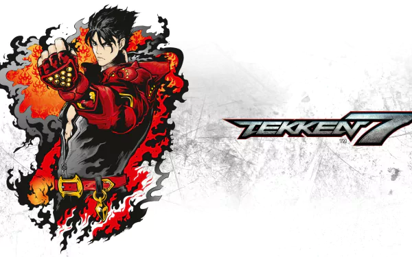 HD desktop wallpaper featuring Jin Kazama from the video game Tekken 7, with Jin in an action pose enveloped in flames and the Tekken 7 logo on a white background.