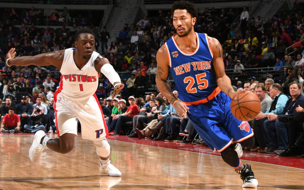 HD desktop wallpaper featuring Derrick Rose in a New York Knicks jersey dribbling past a Detroit Pistons player during a basketball game.