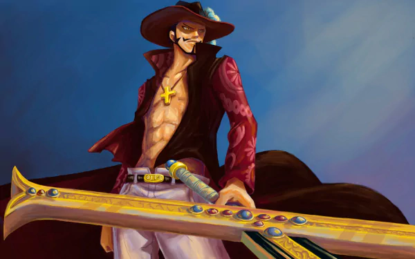 HD desktop wallpaper featuring Dracule Mihawk from the anime One Piece, showcasing his imposing presence with a large sword and distinctive attire.