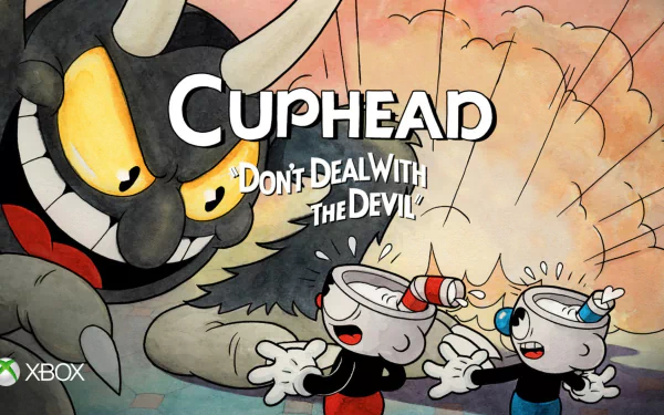 Cuphead HD wallpaper featuring Cuphead, Mugman, and The Devil from the video game Cuphead under the title Don't Deal with the Devil. Xbox logo included.