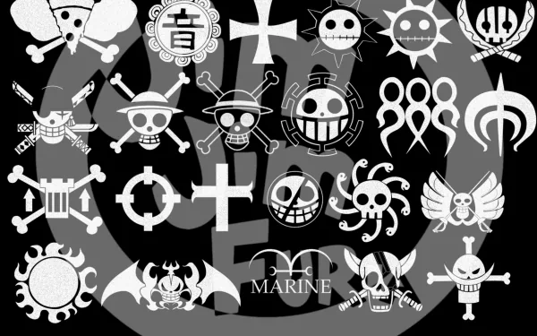 HD PC desktop wallpaper featuring various iconic black-and-white pirate-themed logos from the anime One Piece, arranged in a visually striking collage.