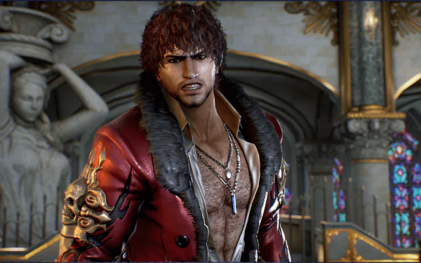Miguel Caballero Rojo from Tekken 7 in a red leather jacket, bare chest and necklaces, posed in an ornate hall — HD PC desktop video game wallpaper.