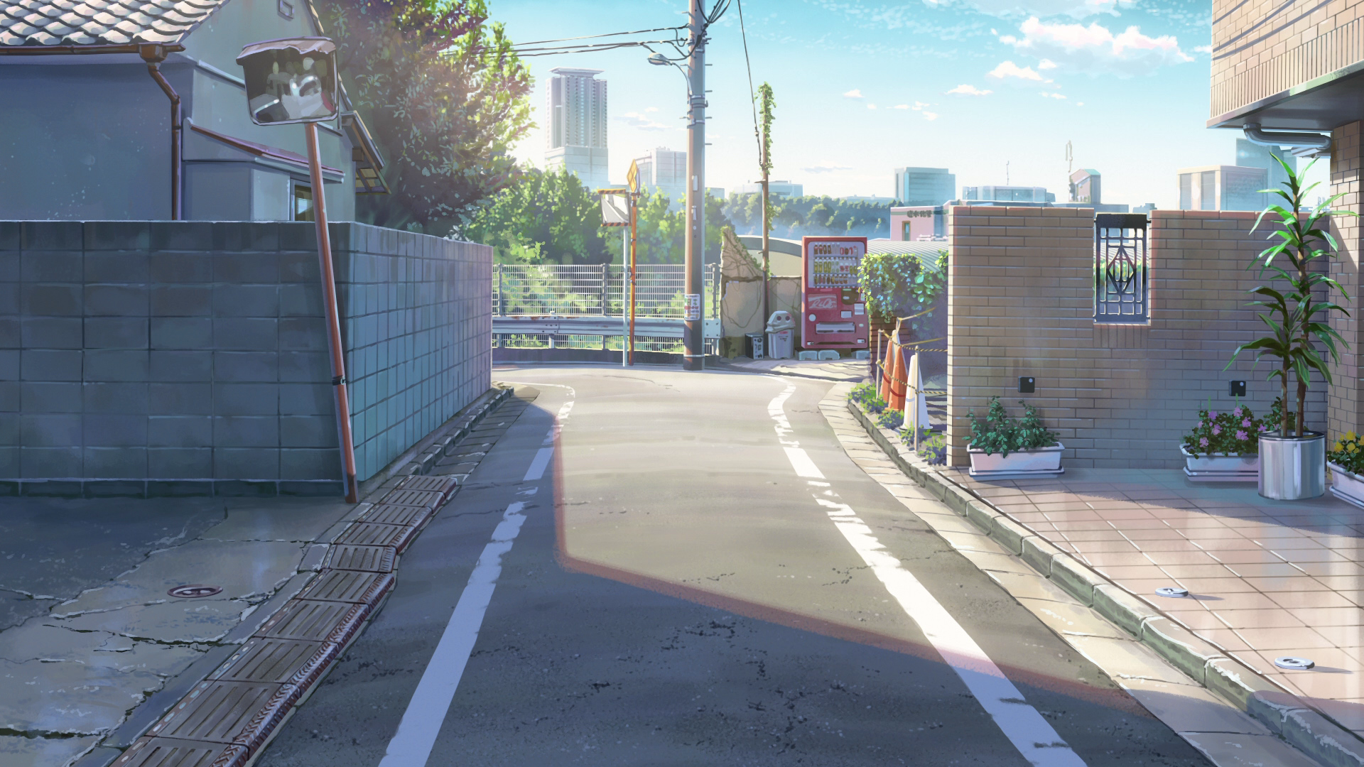 HD PC desktop wallpaper featuring a bright, detailed anime street scene from Your Name. with clear skies and urban elements in the background.
