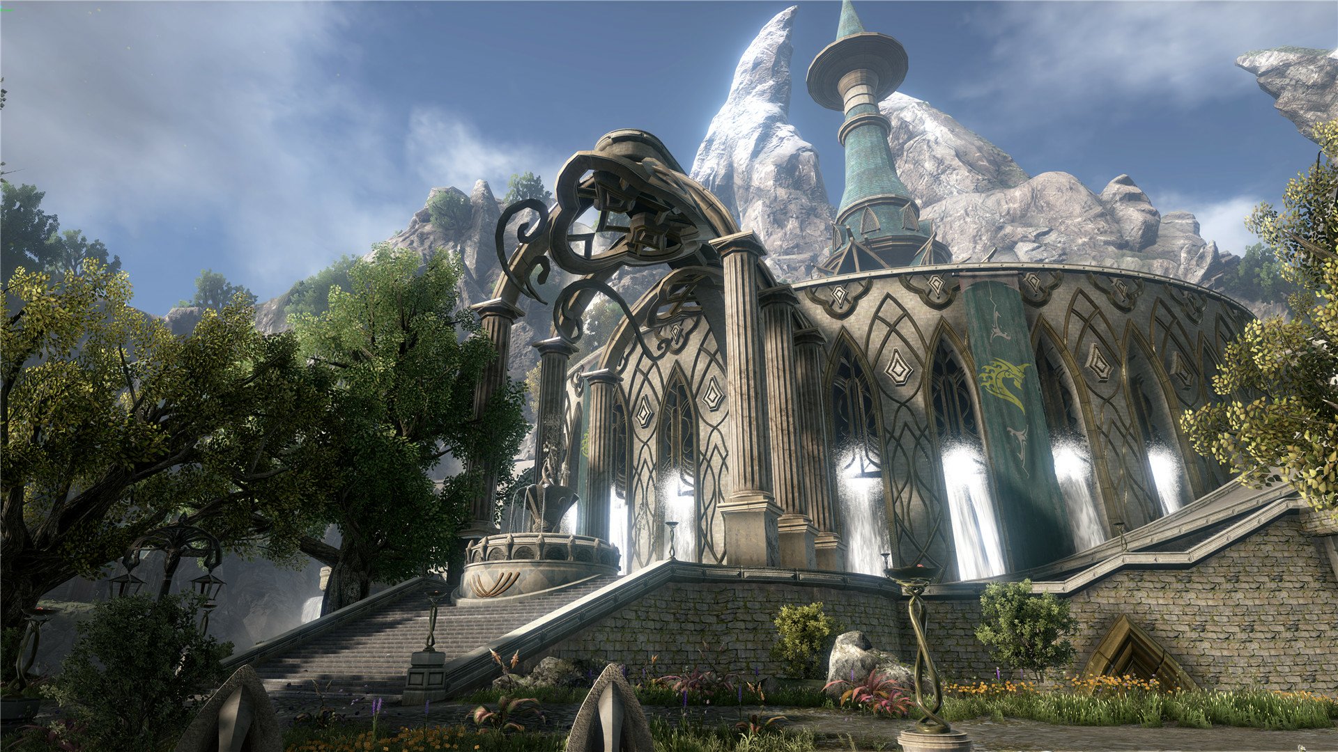 HD PC desktop wallpaper featuring a majestic fantasy structure from the video game Dark and Light, set against a backdrop of towering mountains and lush greenery.