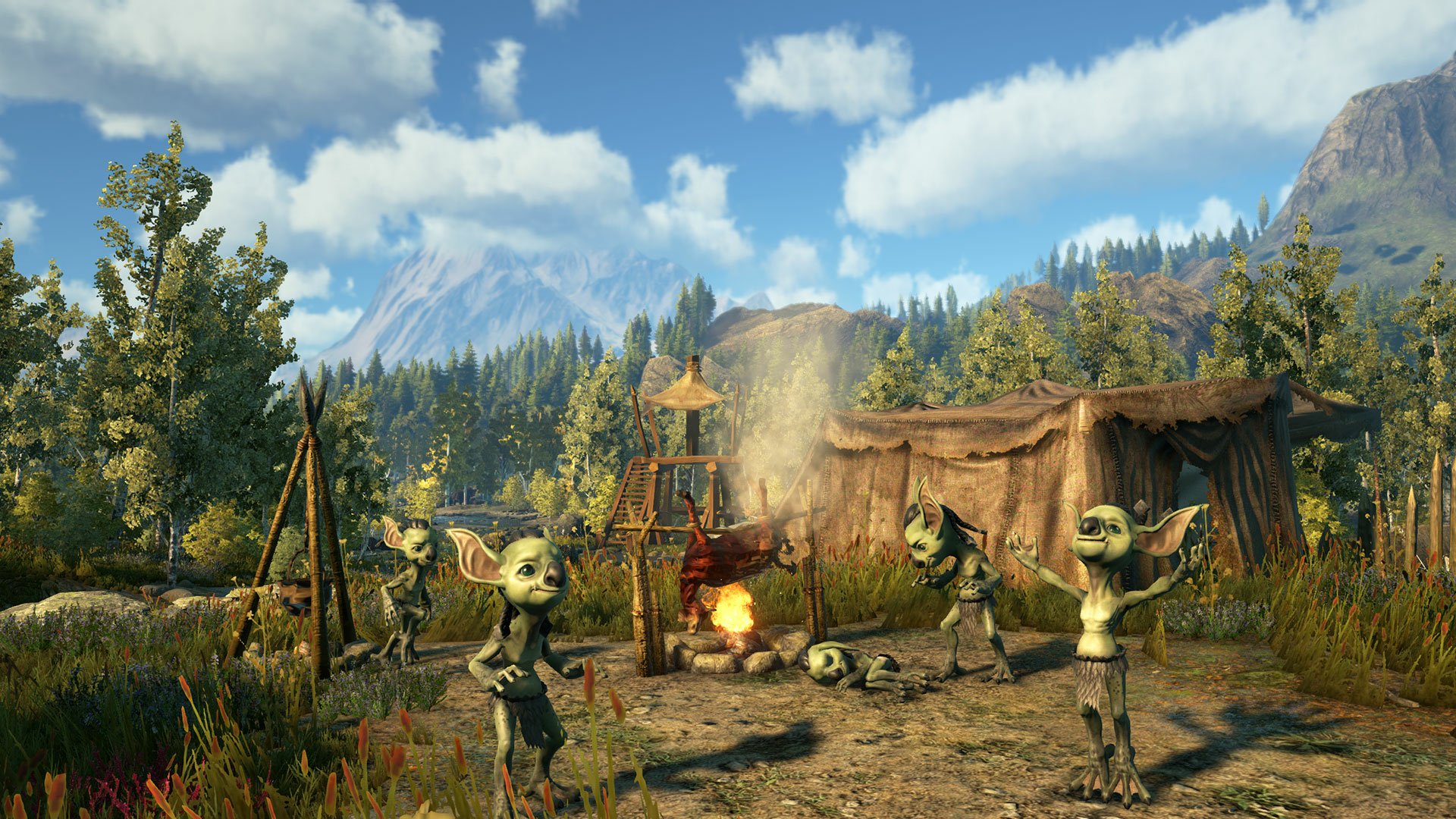 HD PC desktop wallpaper from the video game Dark and Light, featuring a rustic campsite with goblin-like creatures, tents, and a mountainous landscape under a blue sky.