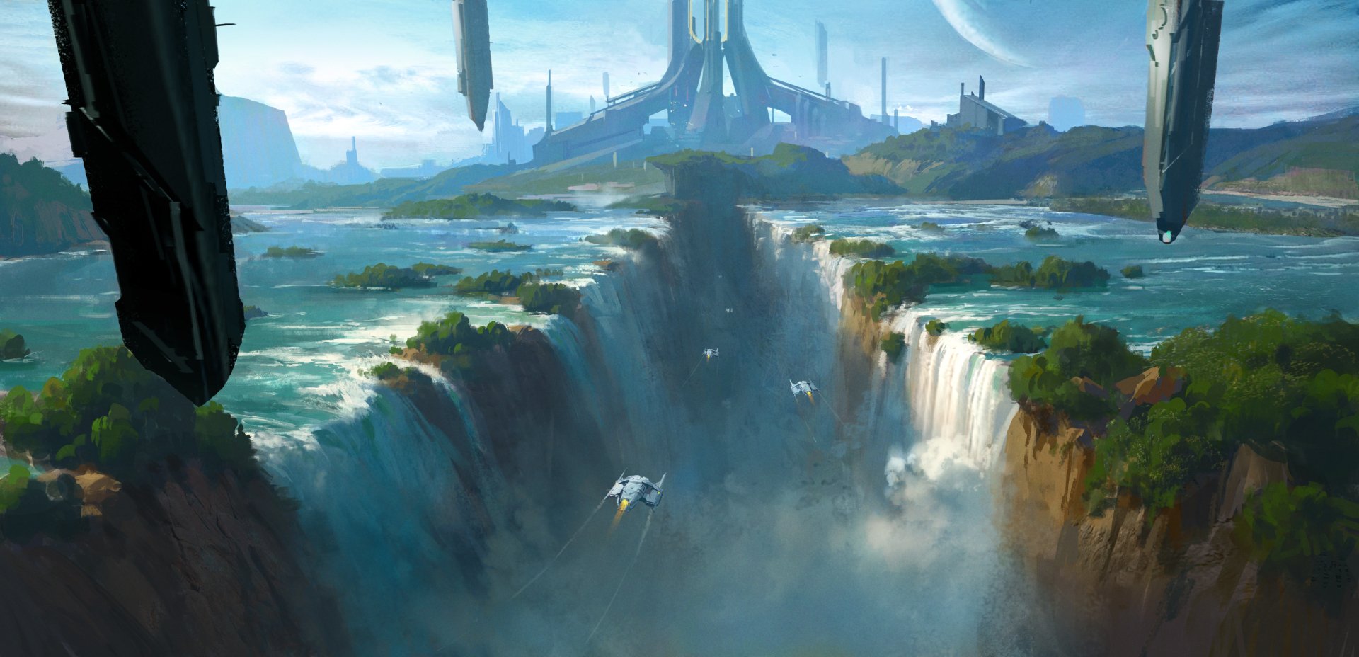 Futuristic sci-fi city with towering structures overlooking a massive waterfall in a vibrant, otherworldly landscape.